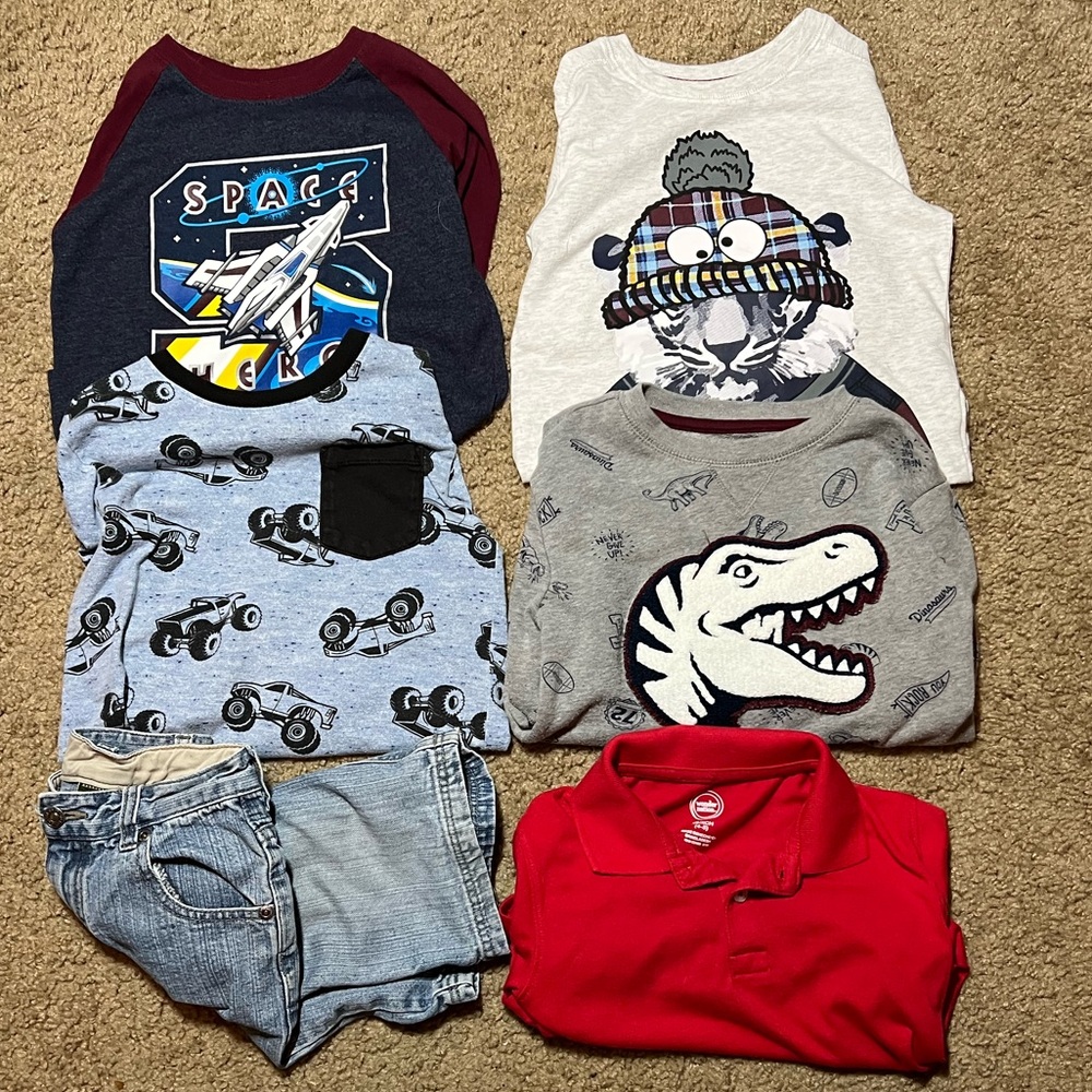 6 Piece Bundle Lot Size 5 Boys Short Sleeve, Long Sleeve, and Jean Shorts Set